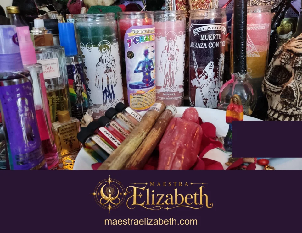 Aceites y veladoras en una preparación ritual en el altar de Maestra Elizabeth.