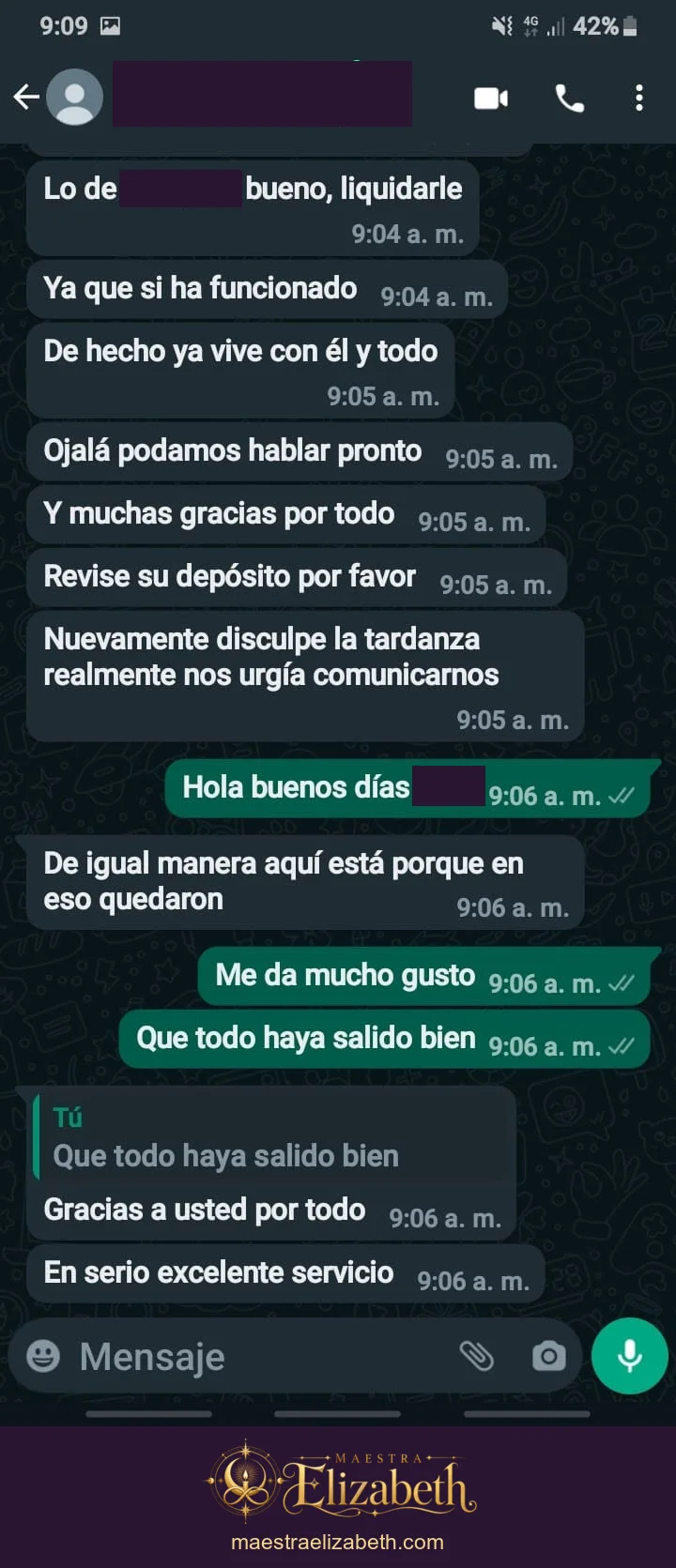Agradecimiento por el servicio recibido; conversación con datos personales protegidos.