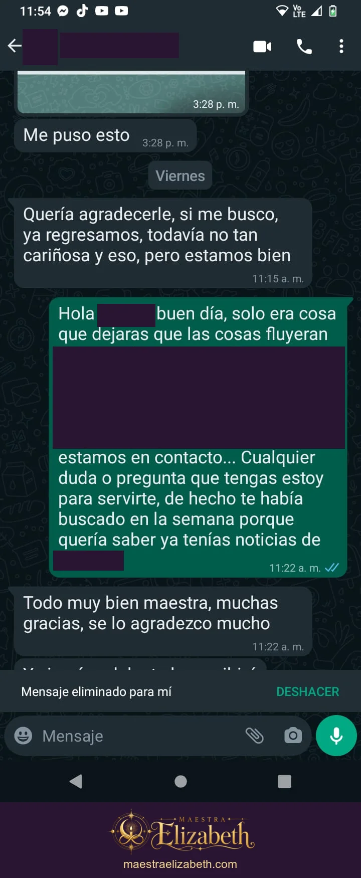 Agradecimiento tras una consulta de pareja; conversación con datos personales protegidos.