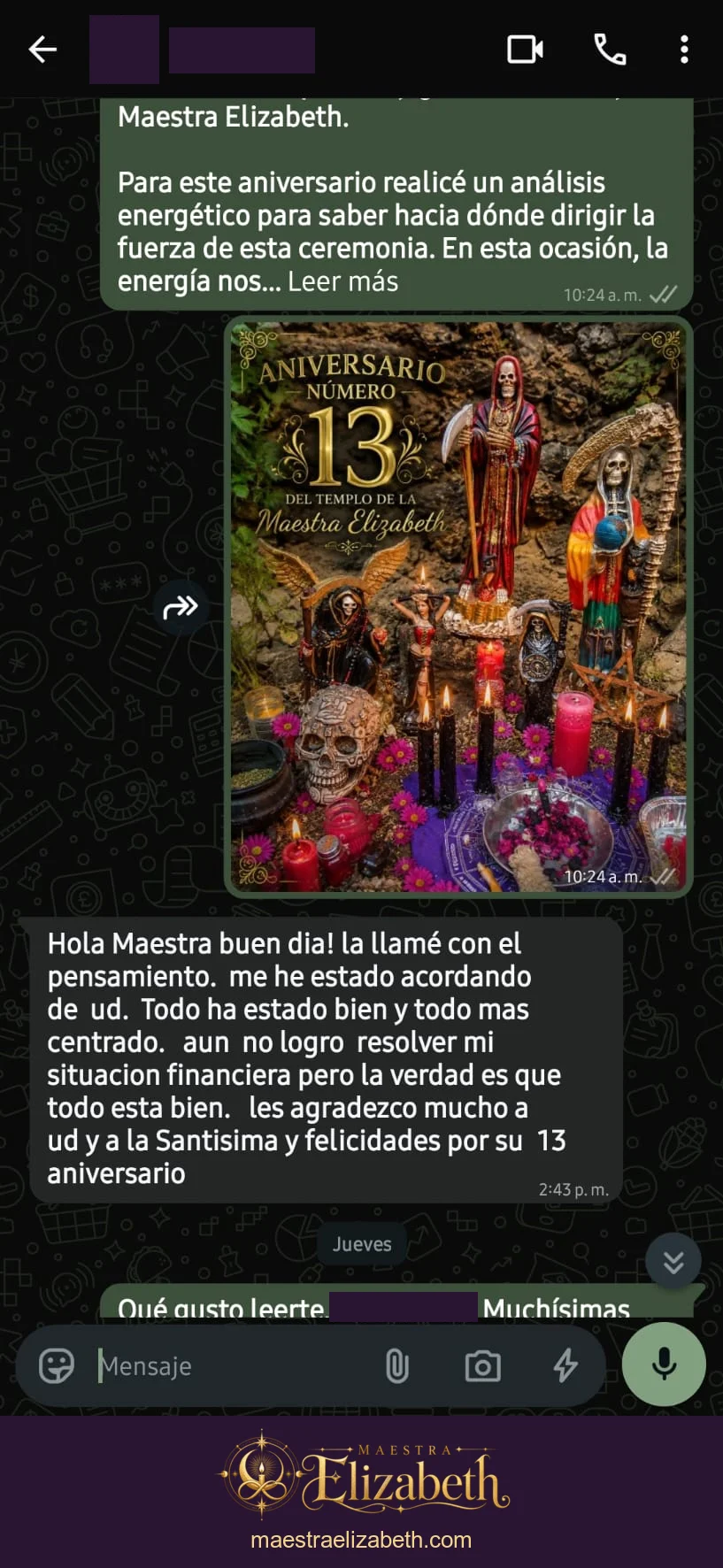 Agradecimiento y aniversario del templo; conversación con datos personales protegidos.