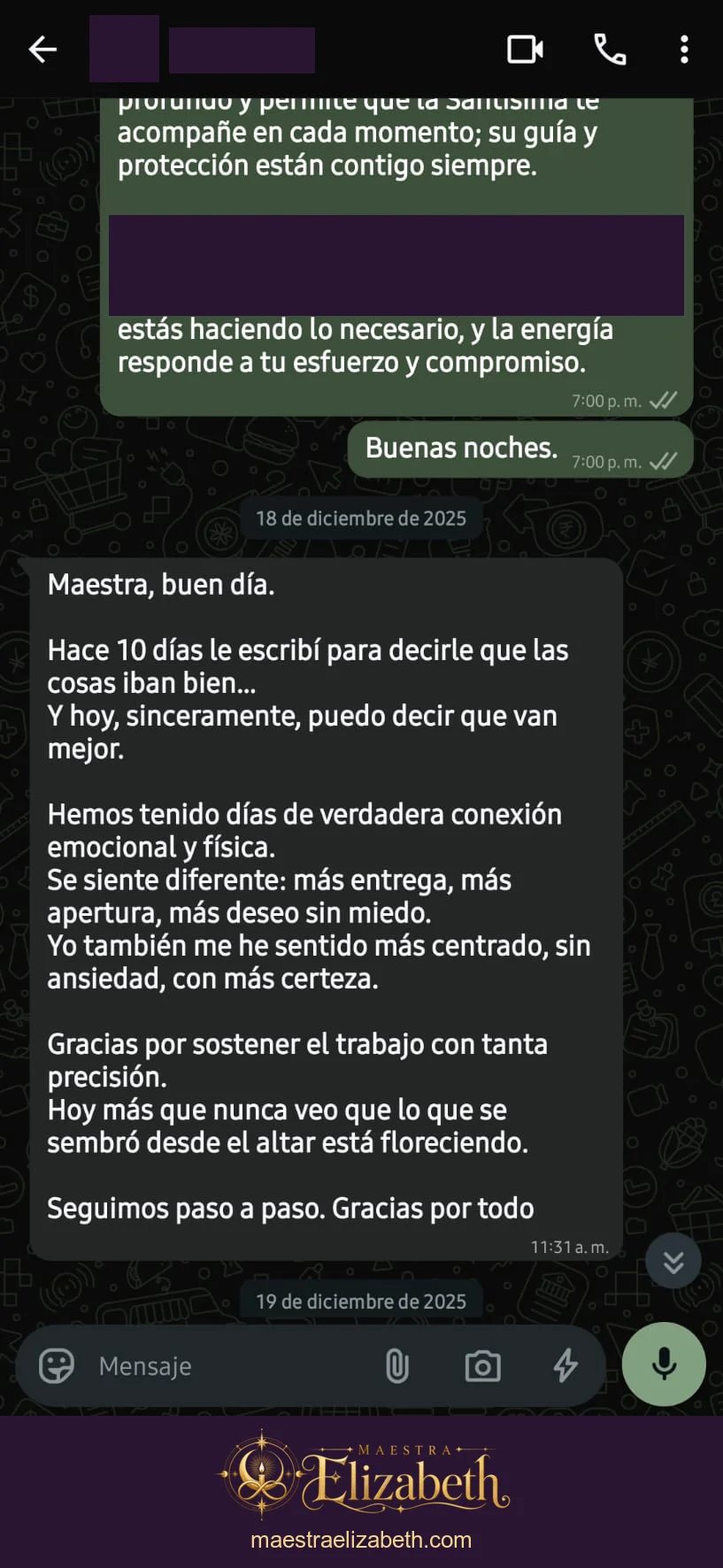 Mensaje de agradecimiento por el acompañamiento; conversación con datos personales protegidos.