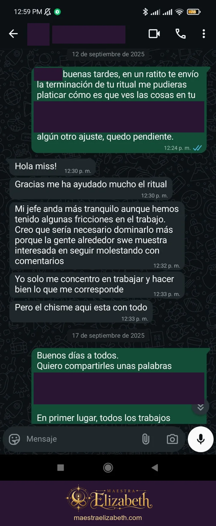 Mensajes sobre atención y tranquilidad; conversación con datos personales protegidos.