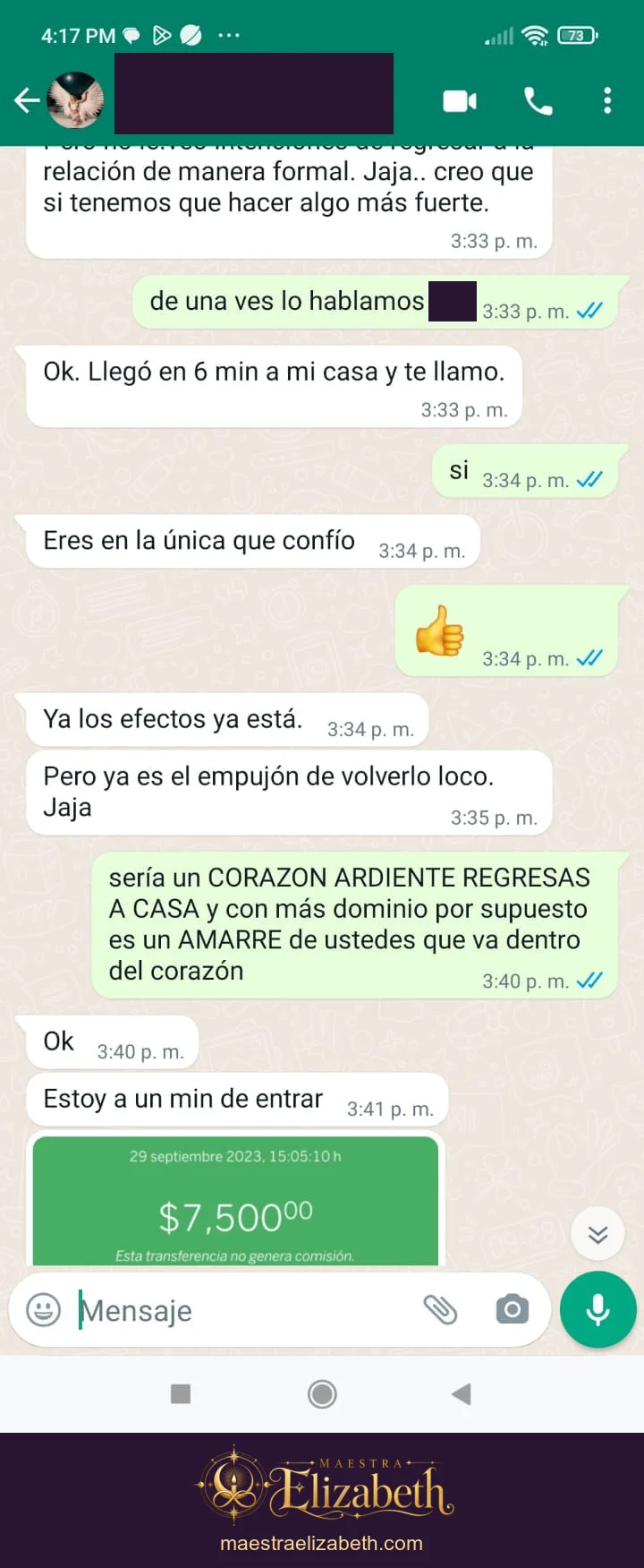 Mensajes sobre la atención de Elizabeth; conversación con datos personales protegidos.