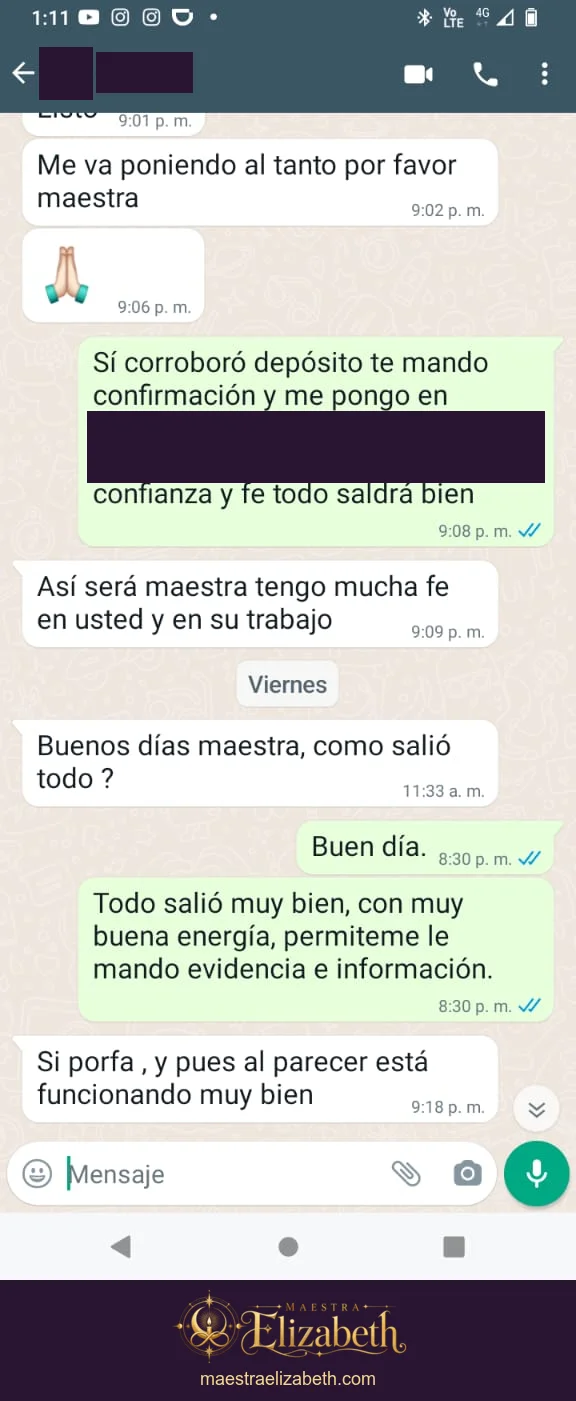 Seguimiento de una consulta por WhatsApp; conversación con datos personales protegidos.