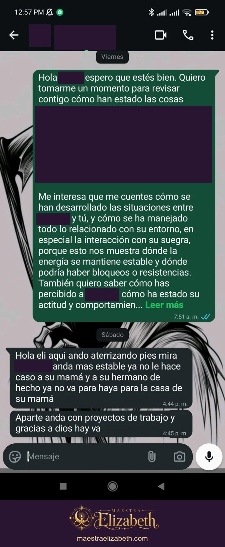 Seguimiento de una consulta sobre la relación; conversación con datos personales protegidos.