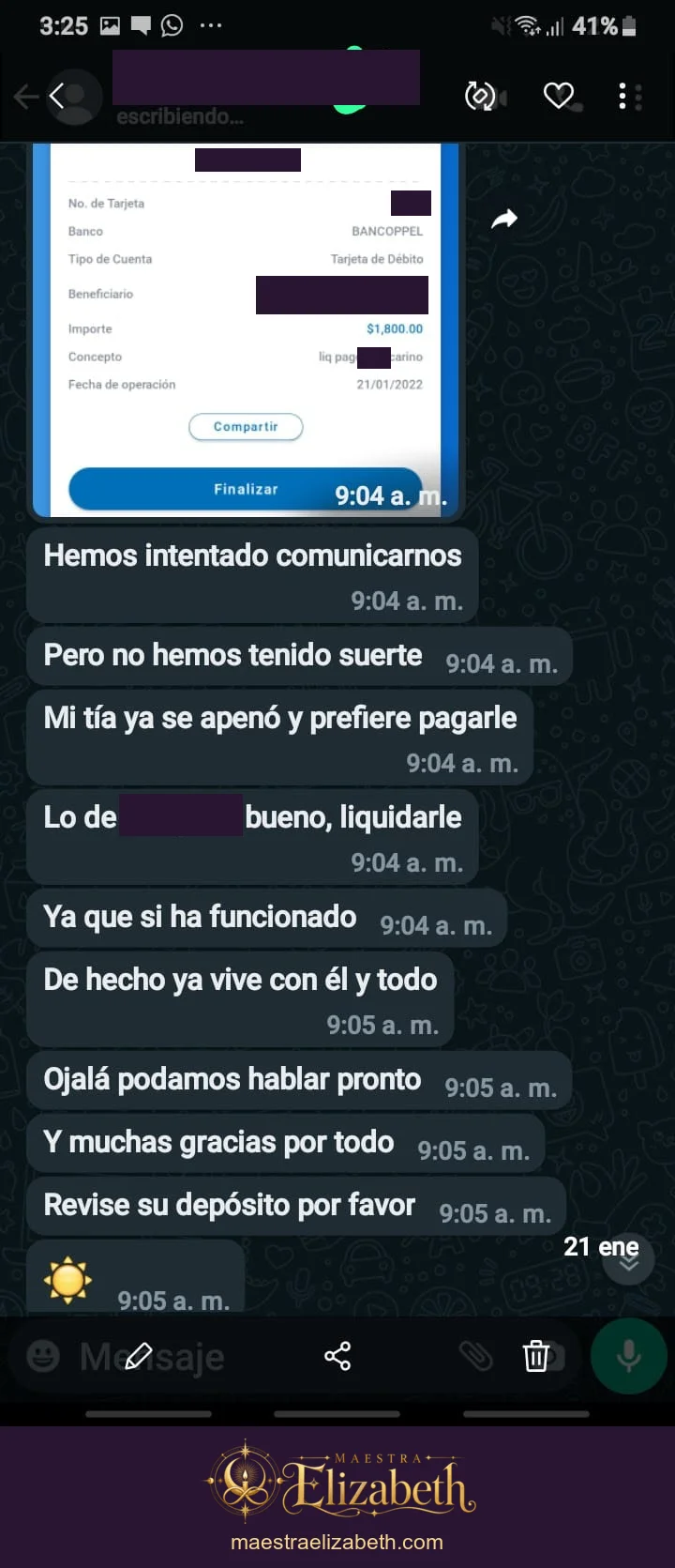 Seguimiento y confirmación de una consulta; conversación con datos personales protegidos.