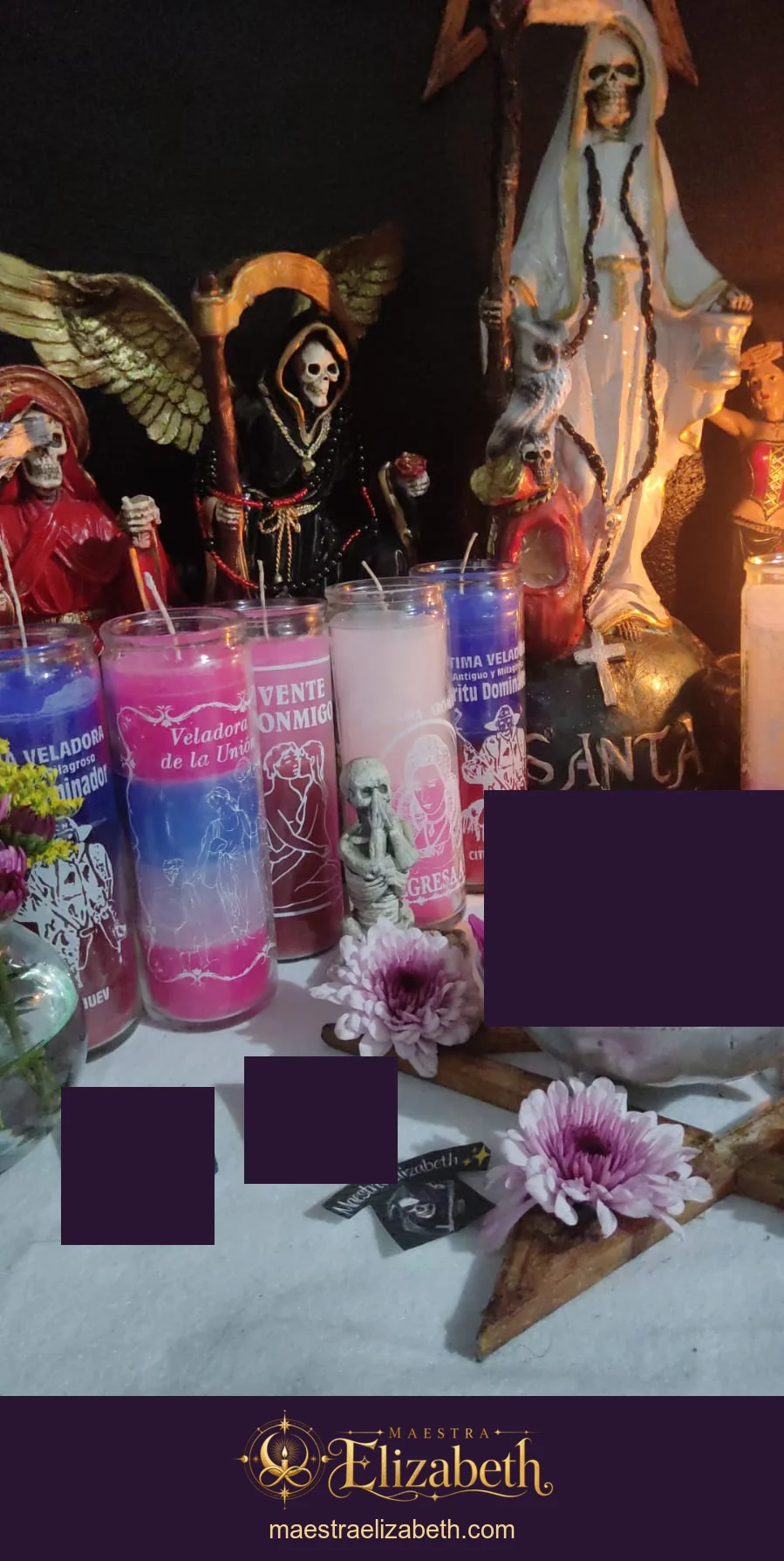 Veladoras de unión y ofrendas en el altar de Maestra Elizabeth.